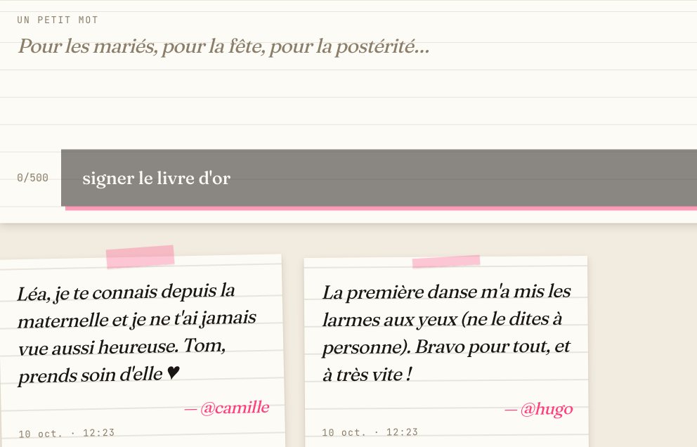 Livre d'or écrit : champ « un petit mot » et cartes papier lignées signées @marie, @thomas, @lea, @tata_jo